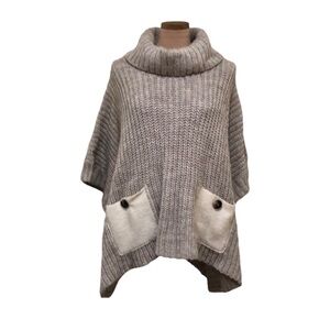 Anthropologie Neutral Taupe Cream Ribbed Turtleneck Poncho with Pockets